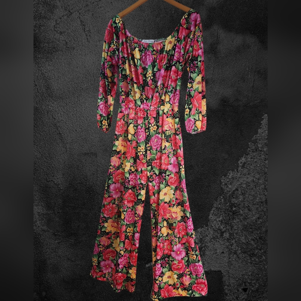 Lady Ronte Size Large Vintage Bold Floral Long Sleeve Jumpsuit Vacation Tropical